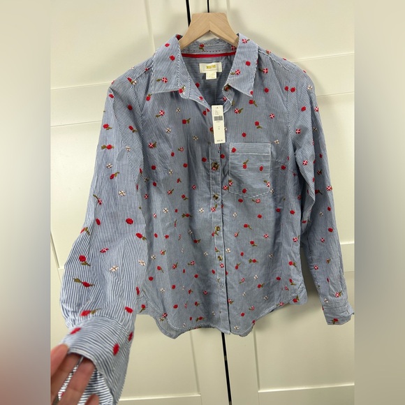 Maeve Anthropologie Embroidered Floral Button Down Shirt Size 6 NWT blue stripe - Picture 10 of 15